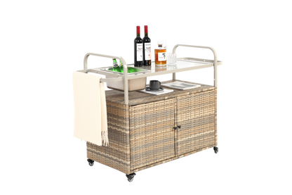 Outdoor Bar Table, Wicker Bar Cart with Cabinet, Patio Serving Cart with steel Top, with one ice bucket,Lockable Wheels, Side Basket for Garden, Poolside & Backyard, Beige