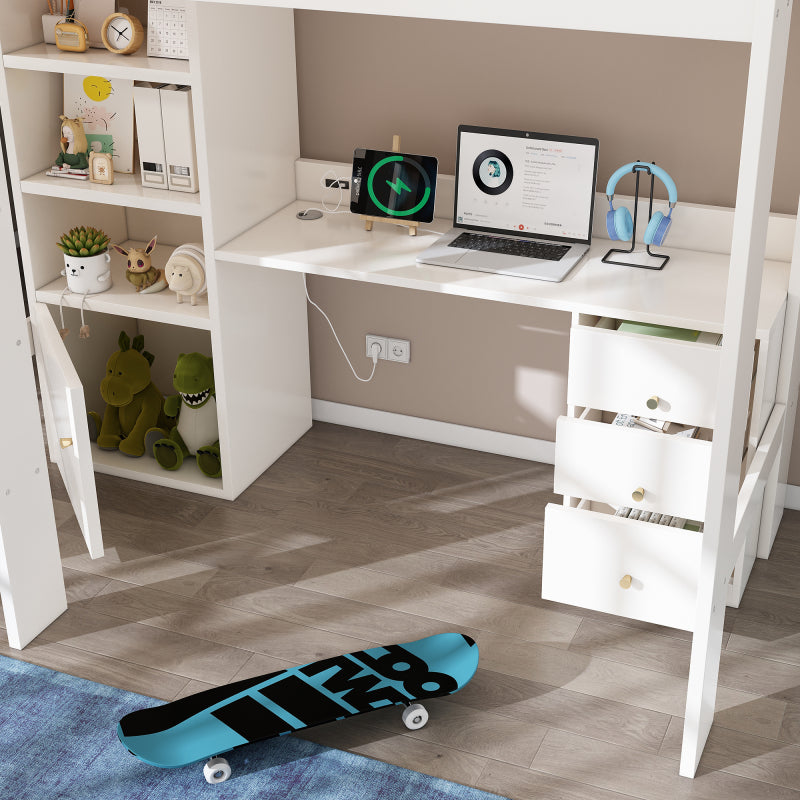 Kinderbett Hochbett mit USB-C Schreibtisch, Kleiderschrank und Aktenschrank, Jugendbett  Einzelbett mit Treppe und Lattenrost, Stauraum,90×200, Ohne Matratze