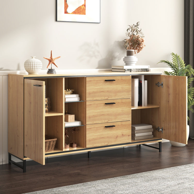 Sideboard mit drei Schubladen, exquisite Maserung. Modernes Sideboard in Holzfarbe mit Ablagefächern – stilvolle und funktionale Wohnmöbel. Schwarz und Holzfarbe.