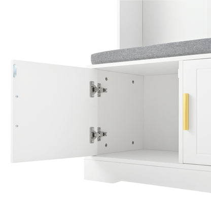 Garderobenständer mit  Schuhbank, Garderobe,  6 Dreifach-Haken,freistehend, platzsparend, für Eingangsbereich,Flur, Weiß