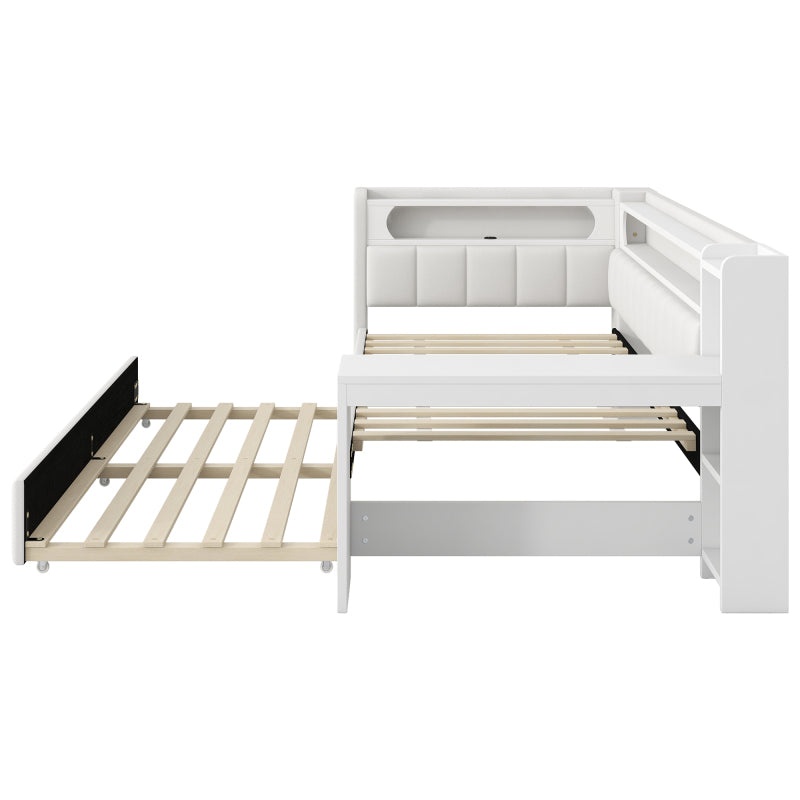 Gepolstertes 90x200 Tagesbett mit USB-Anschlüssen und LED-Gürtel, mit Ausziehbett und Schreibtisch, Weiß