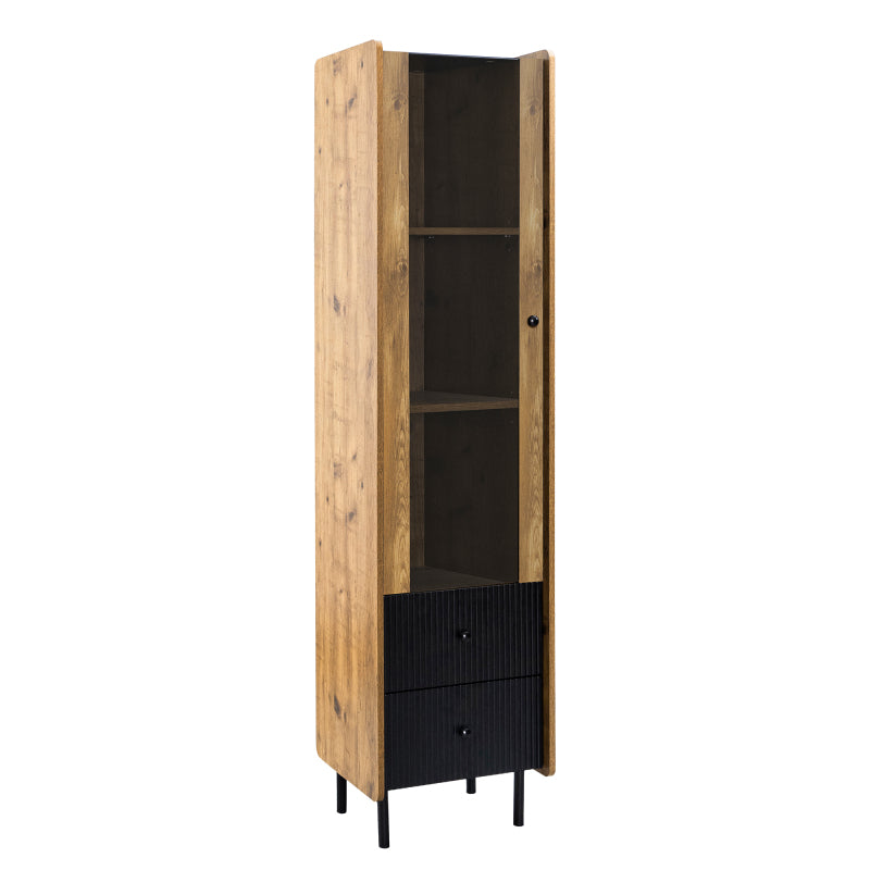 Sideboard, Hochschrank in schwarzer Holzmaserung – 180 x 44 x 40 cm mit Glastür, gelbem LED-Licht, 2 Schubladen