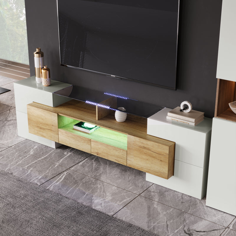 Stilvoller TV-Schrank, Lowboard.hochglänzendes Weiß, 200 cm, LED-Beleuchtung, Wohnzimmermöbel.  modernes Design. elegante Glasoberfläche.