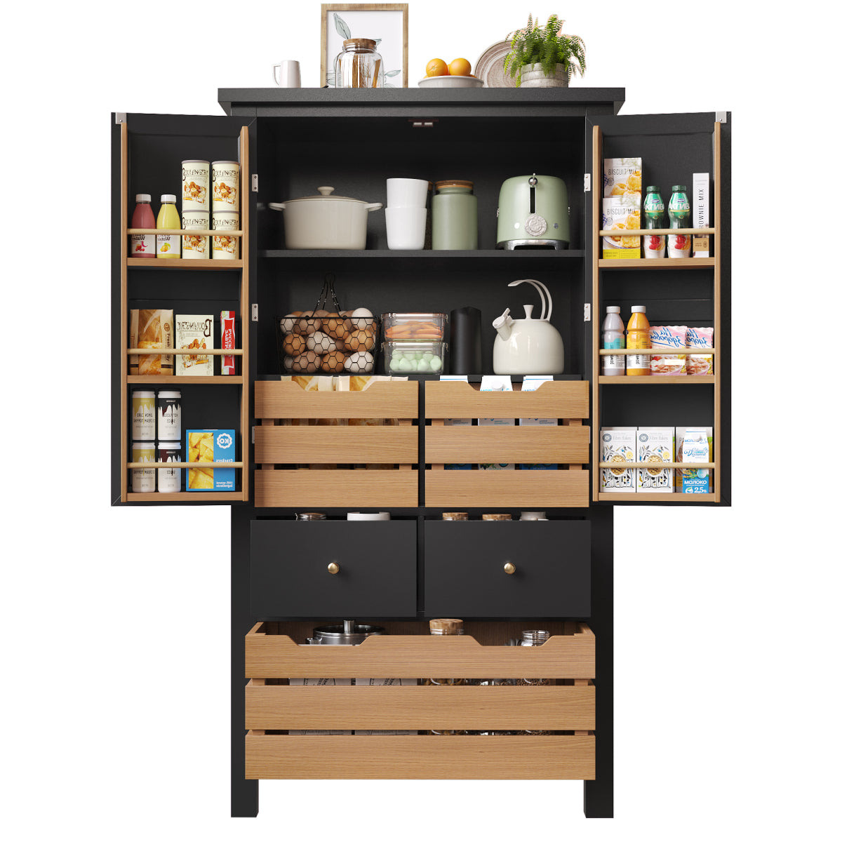 Küchenschrank 140cm hoch, Buffet-Schrank mit 2 Türen & 5 Schubladen, Mehrzweckschrank Schwarz, Sideboard Vorratsschrank mit Kippschutz, 80x40cm