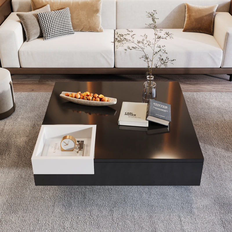 Couchtisch, Hochglanz-Wohnzimmertisch, Beistelltisch mit abnehmbarer Aufbewahrungsbox, Farbblockweiß und Schwarz, 72*72*30 cm, Mit LED-Lichteffekt.