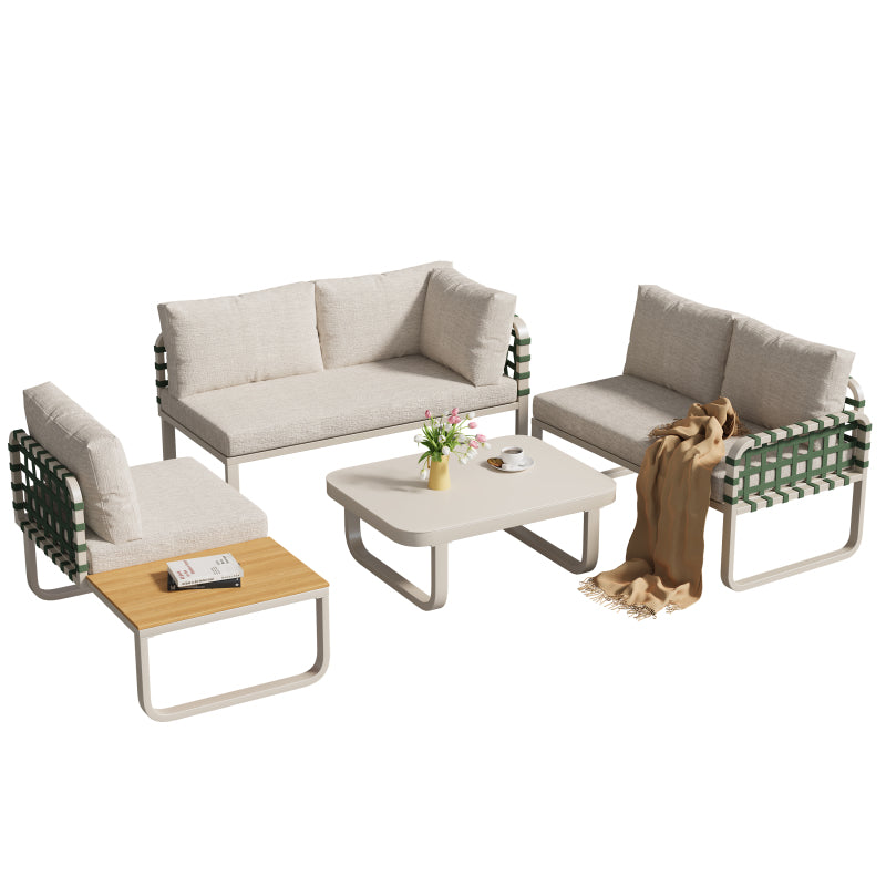 Garten Lounge Set (4-5 Sitzer), Grünes Leder Rattan Gartenmöbel Set, Modernes Outdoor Sofa Set inkl. aller Sitz- und Rückenkissen, Balkonset, Garten und Terrasse, Aprikose