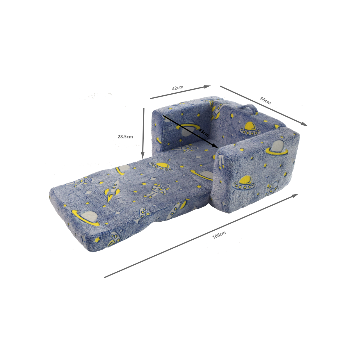 Klappbares Kindersofa Plüsch, Astronauten Muster leuchtend, waschbar, Blau/Grün