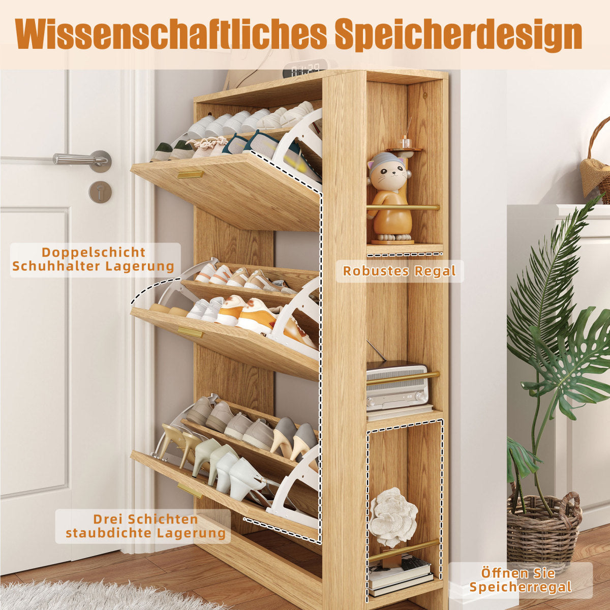 Moderner Schuhschrank aus Holz - 3 Türen, Großes Fassungsvermögen & Offene Regalfächer - Stilvoller Schuhkipper für Eingangsbereich & Foyer