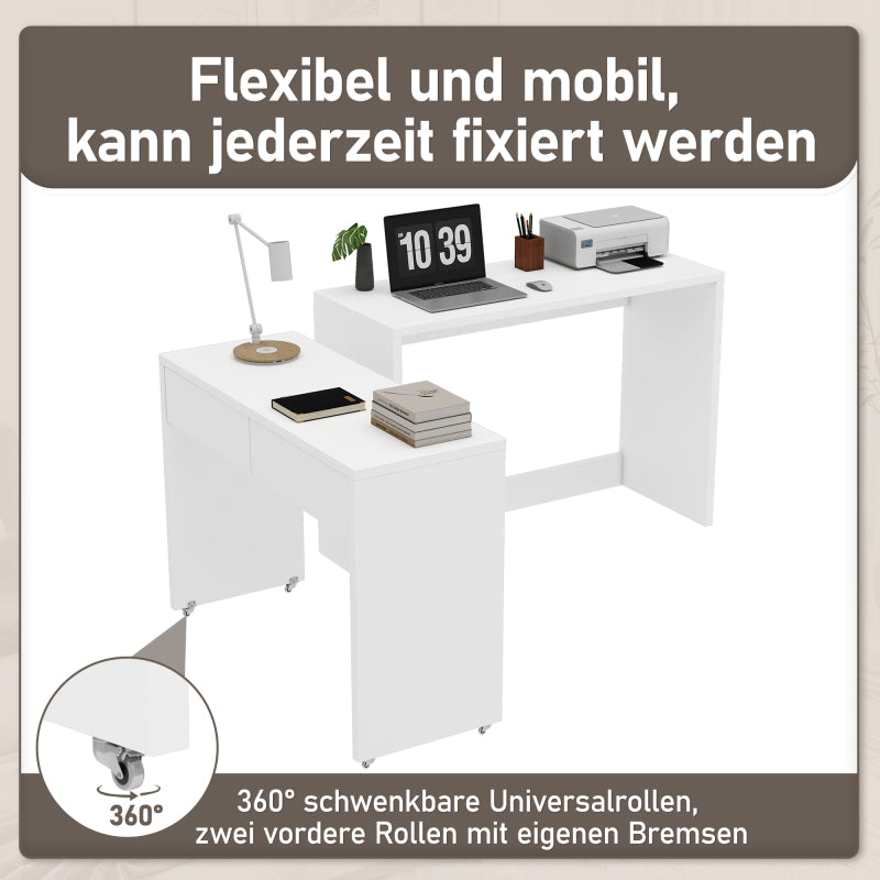 Regalschreibtisch + Kommode-2-in-1 Kompaktschreibtisch, ausziehbar, mit Rollen ausgestattet, flexibel kombinierbar, Faltbarer Schreibtisch
