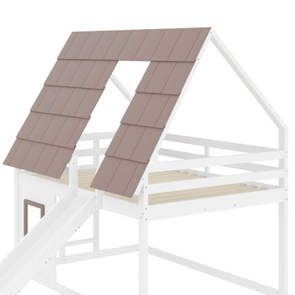 140 x 200 Holzhaus-Etagenbett mit Dach, Leiter und Rutsche, Weiß+Braun
