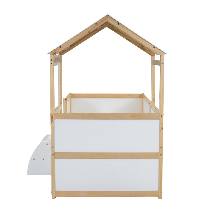 Kinderbett, halbhohes Bett, Hausbett mit Dach und Fenster, Vierseitiger Zaun, mit 4 Schubladen und kleine Treppe, Kiefer+MDF+Sperrholz, Weiß+Natur, 90x200cm