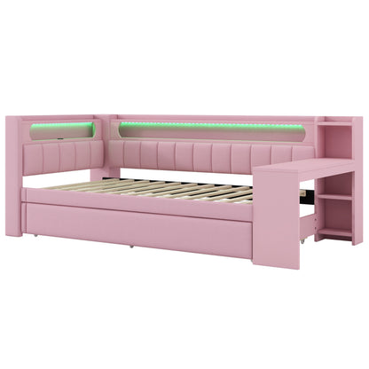 Gepolstertes 90x200 Tagesbett mit USB-Anschlüssen und LED-Gürtel, mit Ausziehbett und Schreibtisch, Rosa