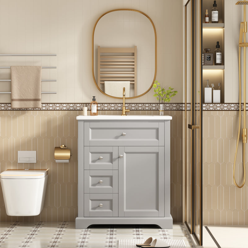 76x46x87cmBodenstehender Badezimmerschrank mit Waschbeck, Waschtisch, feuchtigkeitsbeständig lackiert, Soft-Close-Schubladenführungen, Türregale,ausklappbare Schublade,verstellbare Ablagefläche, grau