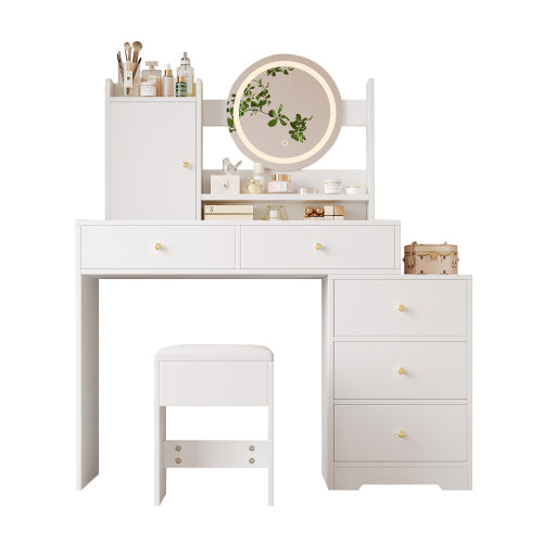 Schminktisch Weiß 90 cm mit LED Spiegel (dimmbar, 3 Farben), Frisiertisch mit 5 Schubladen & Schrank