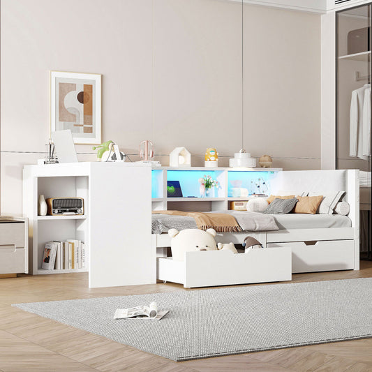 90x200 Holz-Plattformbett mit Ablageflächen, Schubladen, Ladestation und gepolstertem Kopfteil, Mit bunten LED-Leuchten, Weiß