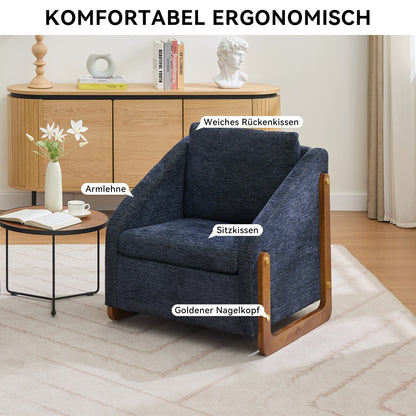 Sessel, Akzentstuhl für Wohnzimmer, Loungesessel, moderner Stuhl mit Armlehne aus Holz, mit Rückenkissen, blauer