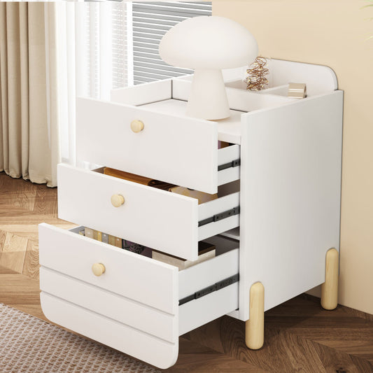 Nachttisch mit 3 Schubladen mit Einlegeböden, Geräuschloses Schubladendesign, Exquisite Holzfarbene Füße, Stauraum im Wohn- und Schlafzimmer, Einzigartige Form und Minimalistisches Design, Weiß