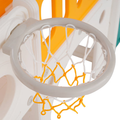 7-in-1-Rutsche für Kinder, bestehend aus Rutsche, Schaukel, Plattform, Unterschrank, Lochbohrspiel, Basketballkorb und Treppe - hochdichtes Polyethylen (Ozeanball nicht enthalten)