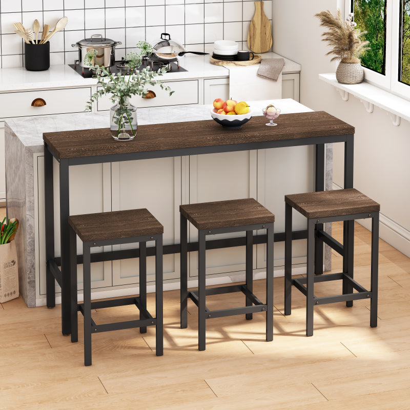 148CM Modern Design Kitchen Dining Table,Pub Table,Long Dining Table Set with 3 Stools;148CM Modernes Design Küche Esstisch,Kneipentisch,Langer Esstisch Set mit 3 Hockern,Einfache Montage,Dunkelbraun