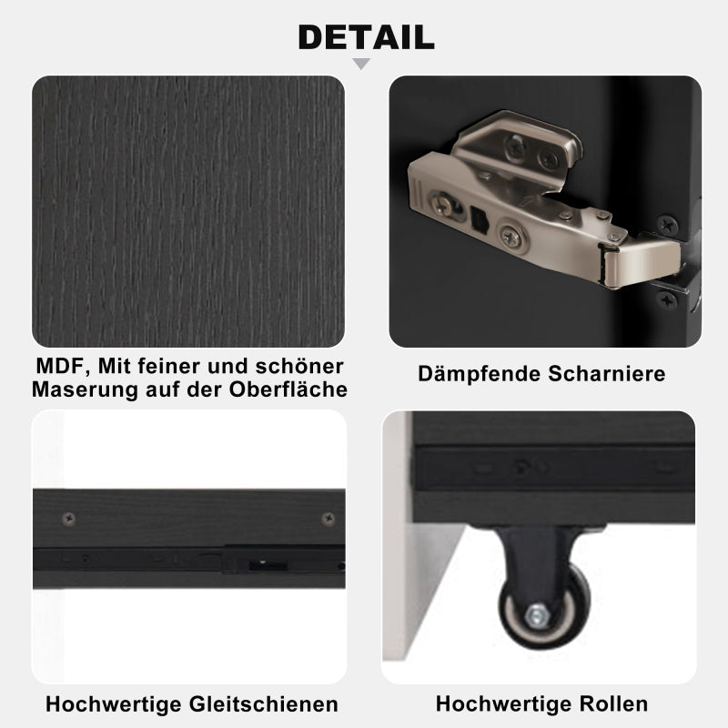 Multifunktionsschrank 110,5x35x160 cm, Schwarz-Weiß: Moderne Vitrine mit Glastür, LED, Seitenauszug, Rollschrank, ideal für Bücher, Bad, Esszimmer.