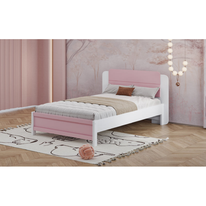 Holzbett 90*200 cm , Einzigartige und Minimalistische Form, Kopfteil mit Liniendesign, Kindereinzelbett, Rosa