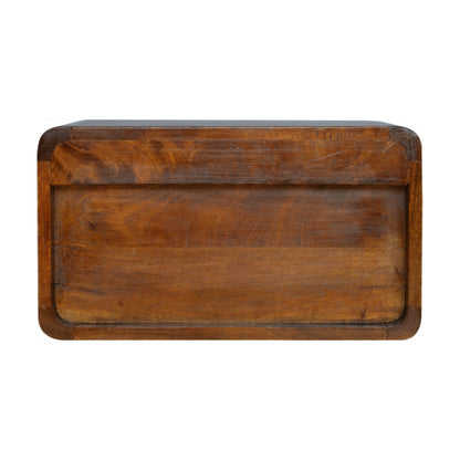 Schwebender Nachttisch aus massivem Mangoholz – Kastanienbraun, Curved Design, 2 Schubladen, Handgefertigt, Wandmontage, 45x32x25 cm