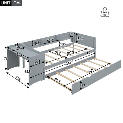 90*200cm, Flachbett, mit ausziehbarem Bett, mit Schreibtisch, drei Regale an der Seite des Bettes,grau