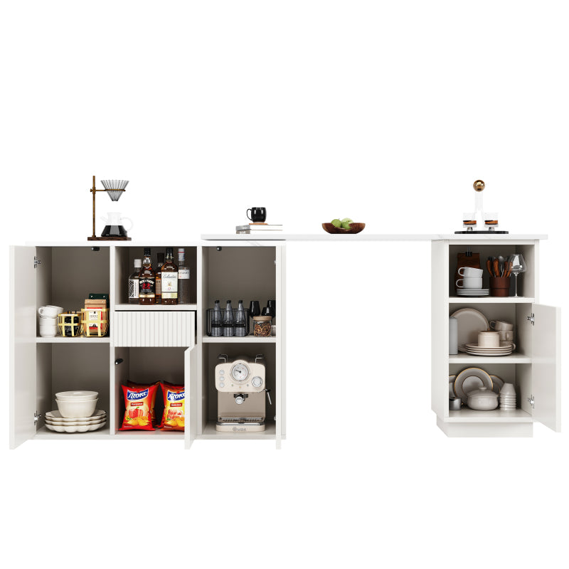 Um 360° drehbarer Bartisch (Hauptkörper 198,5 x 30 x 75 cm), modernes und schlichtes weißes Design, mit offenem Stauraum und Marmor-Arbeitsplatte, geeignet für Küche, Wohnzimmer und Esszimmer