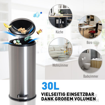 Treteimer 30L Edelstahl Pedal-Mülleimer mit Inneneimer Klappdeckel hygienisch und silber für Küche und Badezimmer