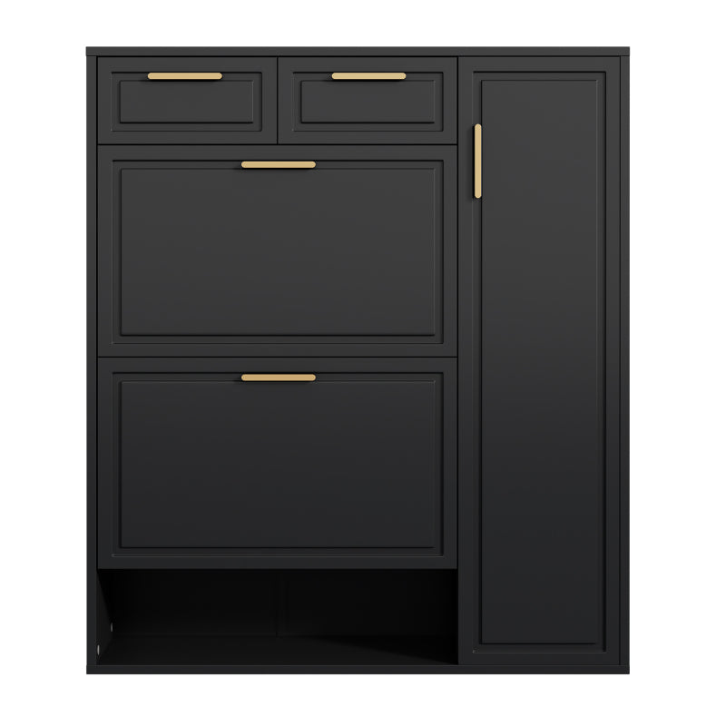Moderne Schuhschrank, mit verstellbaren Regalen, goldenen Griffen, Schubladen, Klappschuhschrank und Türen,  Schwarz, B95/D24/H107