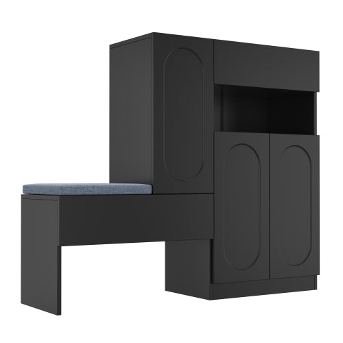 Schuhschrank mit Sitzbank 130 cm Schwarz, Schuhkommode mit Rillendekor