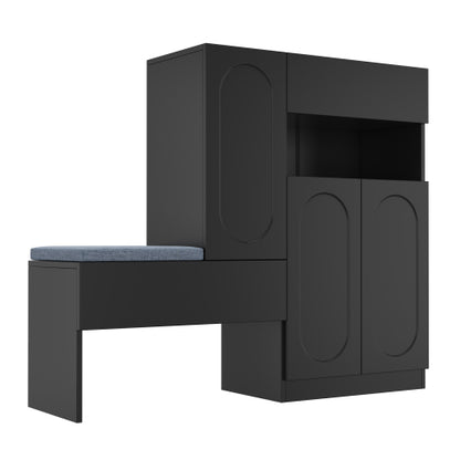 Schuhschrank mit Sitzbank 130 cm Schwarz, Schuhkommode mit Rillendekor