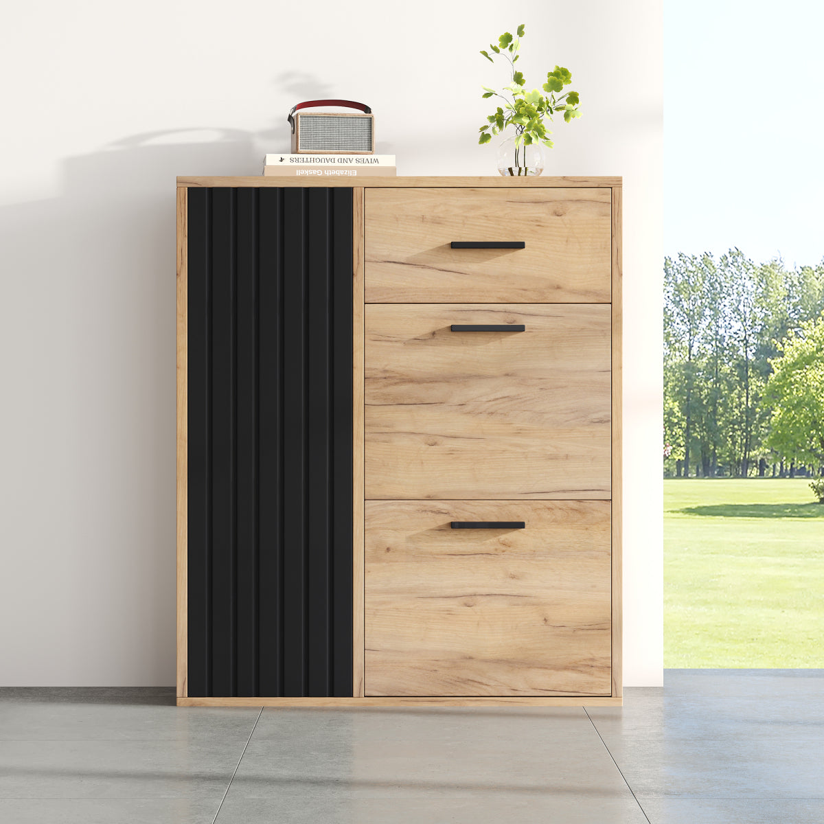 Schuhschrank Schwarz/Natur 80x24x95,5 cm mit 2 Klappen, 1 Tür & Schublade, verstellbare Regale, moderne Griffe