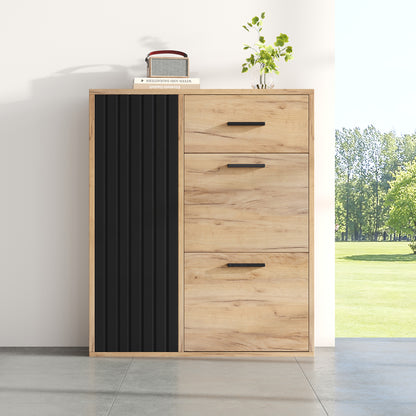 Schuhschrank Schwarz/Natur 80x24x95,5 cm mit 2 Klappen, 1 Tür & Schublade, verstellbare Regale, moderne Griffe
