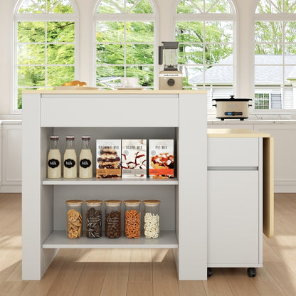 Ausziehbarer Bartisch mit Stauraum(110-124×78×97.5cm), für 2-6 Personen, Kücheninseln mit 2 Schubladen, 2 seitliche offene Regale und eingebaute Steckdose,Tischplatte aus weiß marmoriertem MDF,Weiß