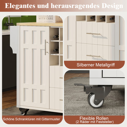 Kücheninsel mit herausnehmbaren Trennwänden, Esszimmerwagen mit Arbeitsplatte, Buffetschrank, Esszimmerwagen mit Holzmaserung, seitlicher Handtuchhalter, mit Weinregal, mit Rollen, weiß