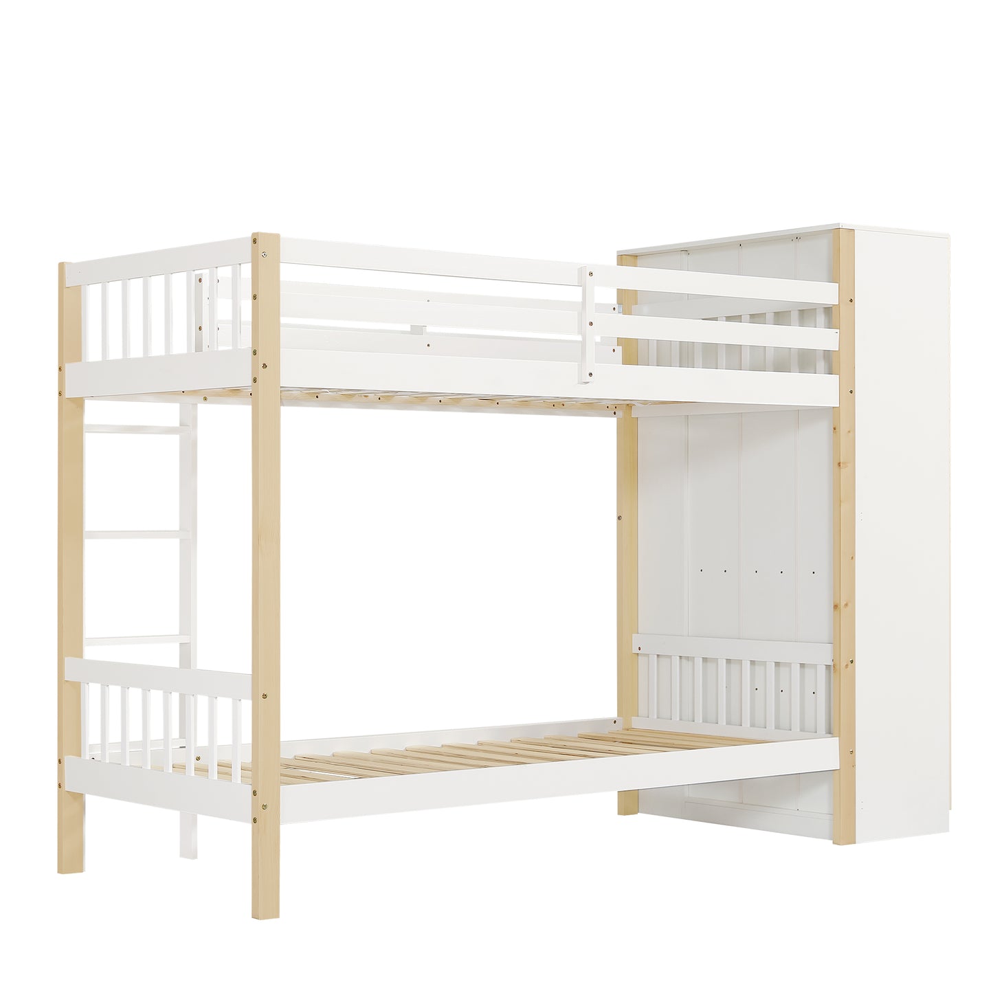 Etagenbett, Kinderbett mit Fallschutz und Gitter, mit 4-stufiger Leiter, 6 offenen Regalen, Kleiderschrank seitlich, Reichlich Stauraum,  Kiefer+PB, Weiß+Natur,  90x200cm