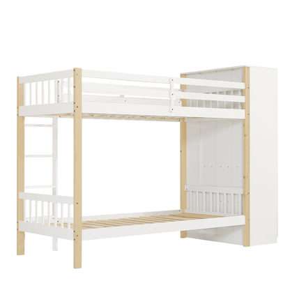 Etagenbett, Kinderbett mit Fallschutz und Gitter, mit 4-stufiger Leiter, 6 offenen Regalen, Kleiderschrank seitlich, Reichlich Stauraum,  Kiefer+PB, Weiß+Natur,  90x200cm