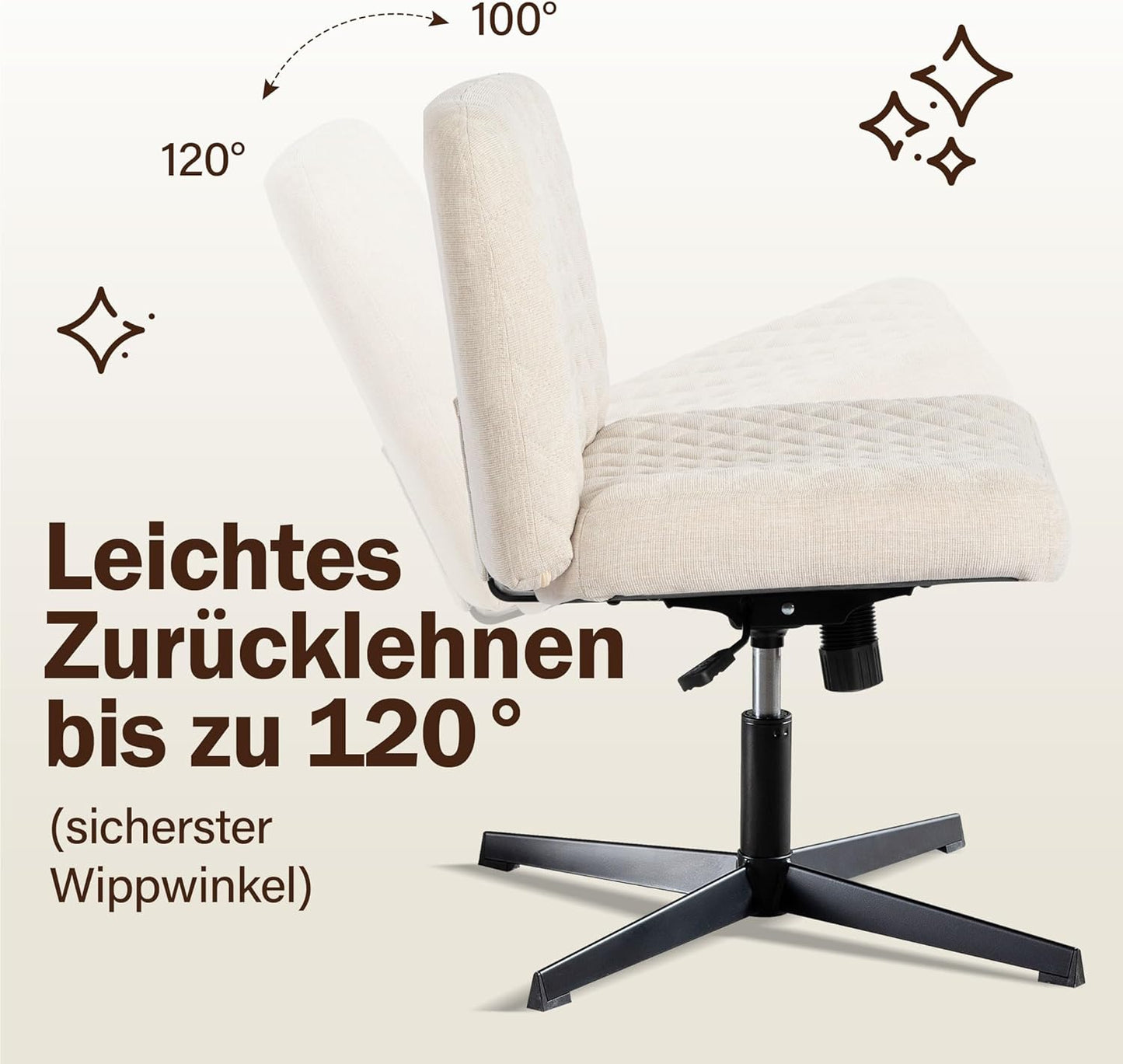 Bürostuhl Ohne Armlehnen,Home Office Stuhl Keine Räder,Heavy Duty Metallbasis,120°Schaukelnder breiter Sitz Ergonomischer Stuhl, Dicken gepolsterte Dreh Eitelkeit Stuhl für Heim und Büro Cream+Linen+Metal