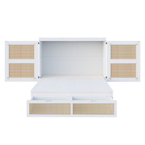 Schrankbett 140 x 200 cm, Wandbett mit Lattenrost, Wandklappbett, Rattan-Design, Holzbetten, Jugendbetten, Einzelbetten, Grau