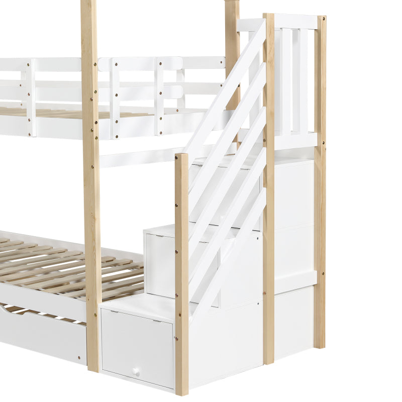 Etagenbett, Ausziehbares Baumhausbett, Schiebebett, Treppe mit 3 Schubladen, Kinderbett mit Absturzsicherung und Kinderbettgitter, mit Lattenroste, Natur+Weiß (90x200cm&90x190cm) [30813567NAA]