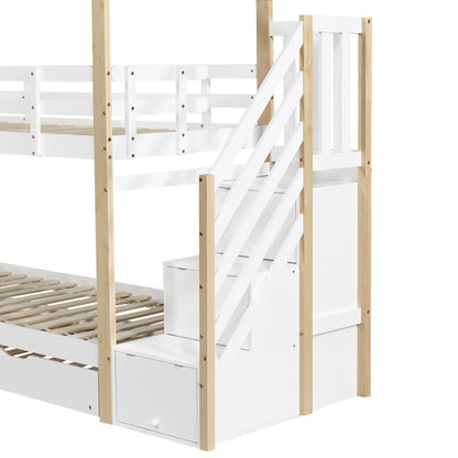 Etagenbett, Ausziehbares Baumhausbett, Schiebebett, Treppe mit 3 Schubladen, Kinderbett mit Absturzsicherung und Kinderbettgitter, mit Lattenroste, Natur+Weiß (90x200cm&90x190cm) [30813567NAA]