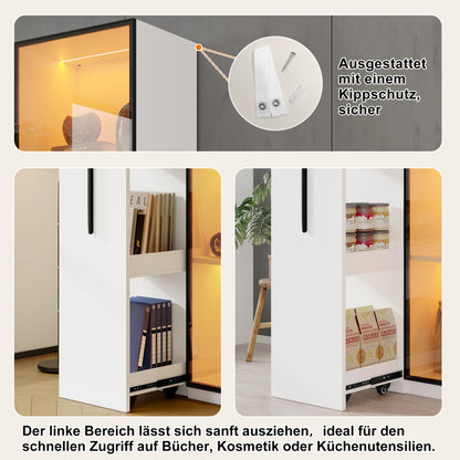 Multifunktionsschrank 160 cm hoch – Bücherregal und Vitrine mit Türen aus gehärtetem Glas, Türrahmen aus Aluminium, 1 Tür, 1 seitliche Schublade, mit Rollen und LED-Beleuchtung – Vitrine, Esszimmersch