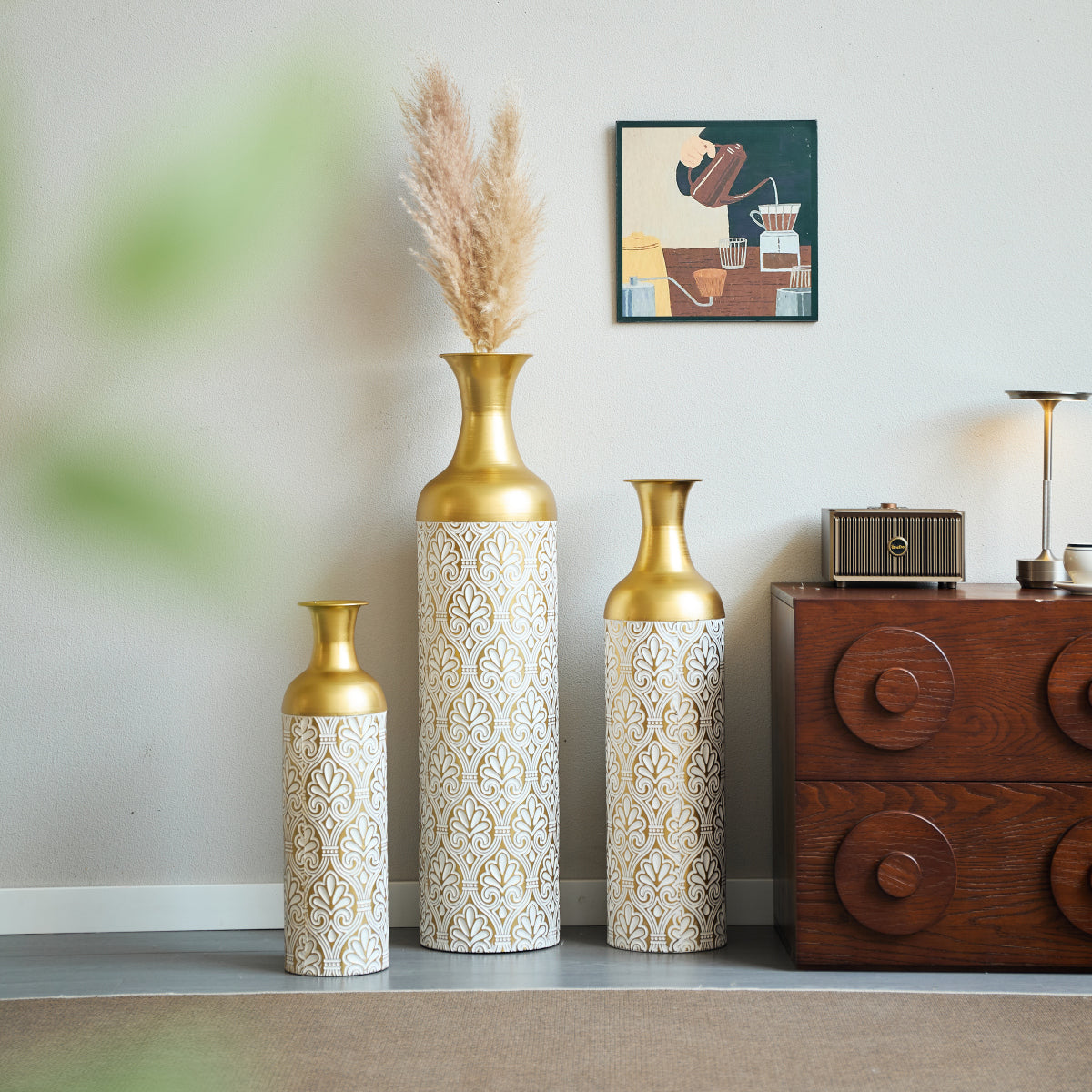 3er Set Bodenvase Gold mit Weißen Punkten, Metall, Vintage, 83/66/50 cm hoch