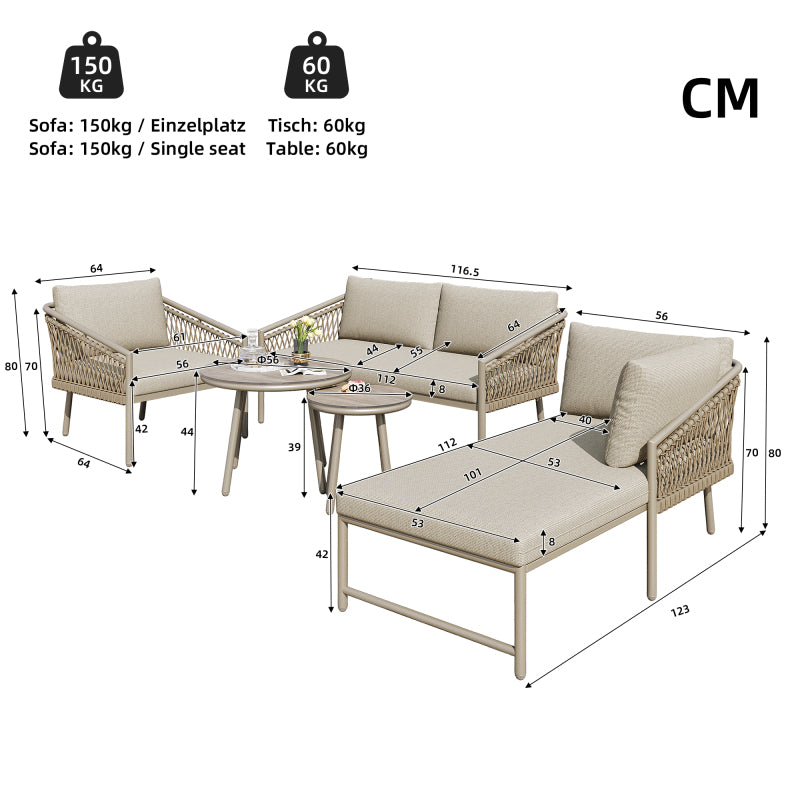 Garten Lounge Set, Seil Gartenmöbel Set, Modernes Outdoor Sofa Set Handgewebtes Seil, Inklusive Aller Sitz- Und Rückenkissen, Balkonset, Garten Und Terrasse, Khaki