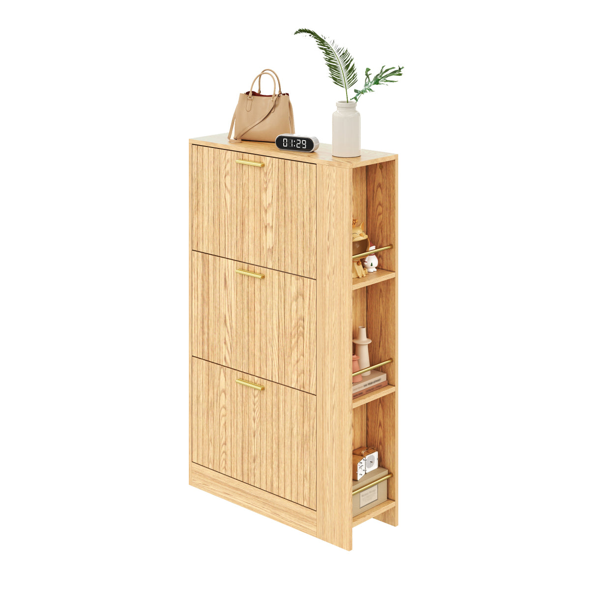Moderner Schuhschrank aus Holz - 3 Türen, Großes Fassungsvermögen & Offene Regalfächer - Stilvoller Schuhkipper für Eingangsbereich & Foyer