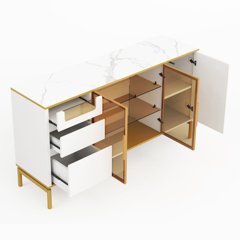 Elegantes Sideboard 150Lx40Bx80H cm, weiß, Arbeitsplatte aus Marmor, goldene Zierleiste - Moderner Stauraumschrank mit Glas- und Holzfächern