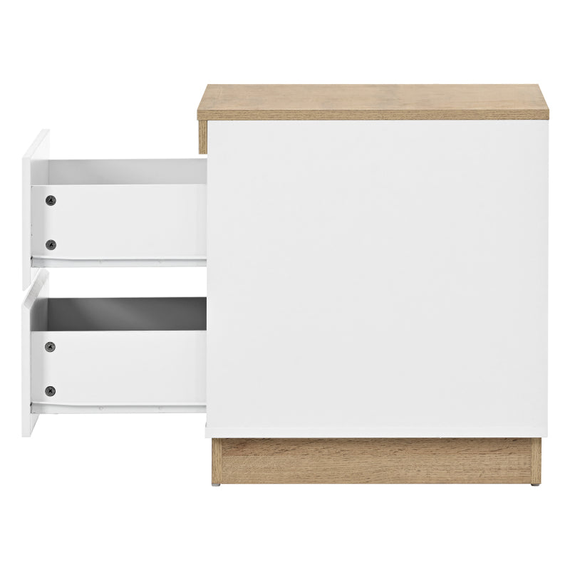 Nachttisch, Nachtschrank mit zwei Schubladen, Nachtkommode, Funktion von Aufbewahrung, für Schlafzimmer, E1-Spanplatte, weiß+oak