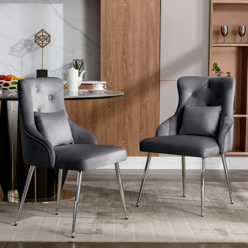 2er Set Esszimmerstuhl mit Knopfmuster, Moderner Loungesessel, Schlafzimmer-Wohnzimmerstuhl mit Lendenkissen, grau
