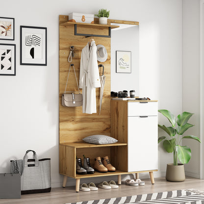 Multifunktionales Garderobenset aus Holz mit Spiegel, Schuhbank, Schuhschrank, Schublade, Regal und Kleiderhaken – Modernes Design mit hydraulischen Scharnieren und praktischem Stauraum